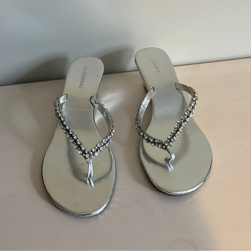 Silver wedge heels with sparkle straps, size 8